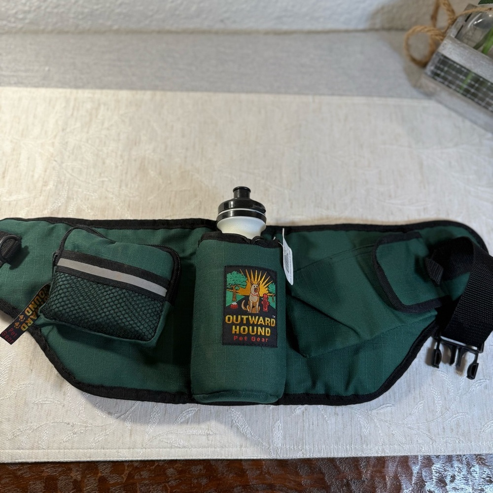 Outward Hound Dog Walk Waist‎ Pack Green And Black w/ Water Bottle And Water Cup
